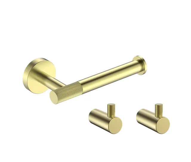 Santino Baderomsett L1 - Gull Børstet Kroker og Papirholder i rustfritt stål 